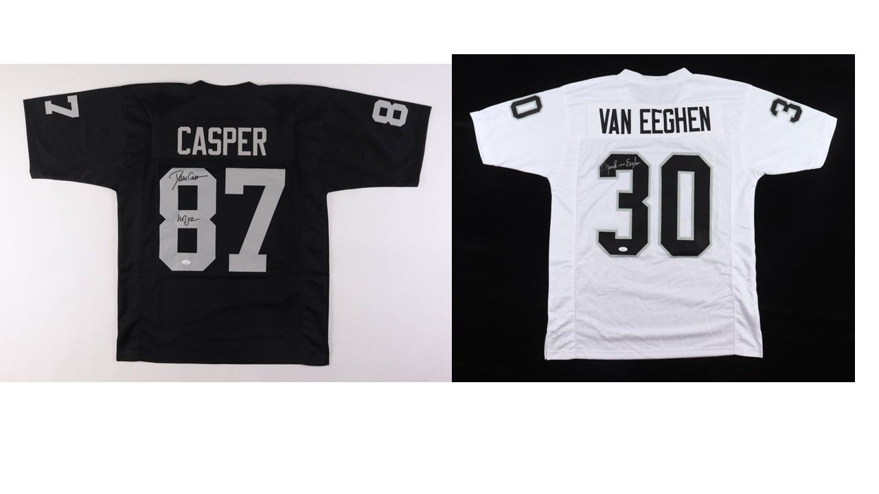 Dave Casper Signed Oakland Raiders Jersey Inscribed "HOF 02" (JSA) & Mark van Eeghen Signed Raiders Jersey (JSA)