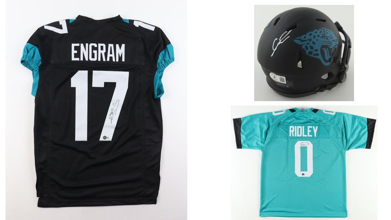 Calvin Ridley Signed Jacksonville Jaguars Jersey (Beckett) & Evan Engram Signed Jacksonville Jaguars Jersey (Beckett), & Calvin Ridley Signed Jaguars Eclipse Alternate Speed Mini Helmet (Beckett)