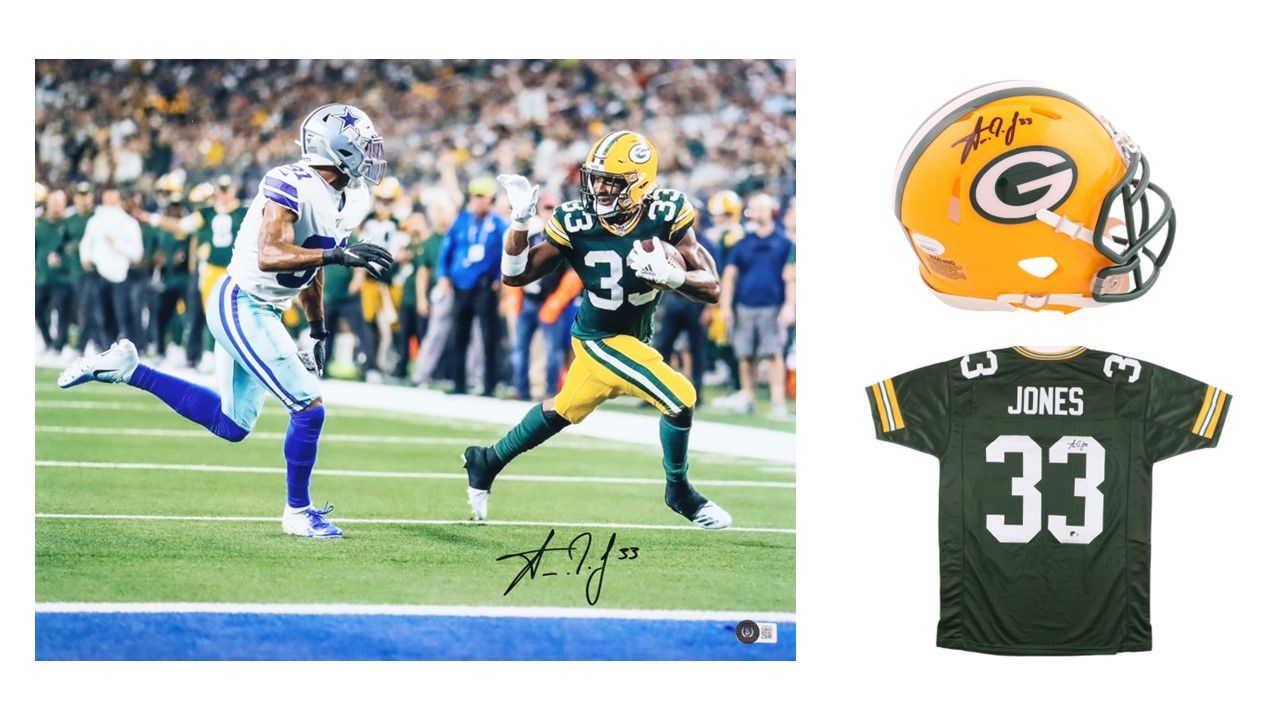 Aaron Jones Signed Green Bay Packers Jersey (Beckett), Aaron Jones Signed Green Bay Packers Speed Mini Helmet (JSA), & Aaron Jones Signed Green Bay Packers 16x20 Photo (Beckett)