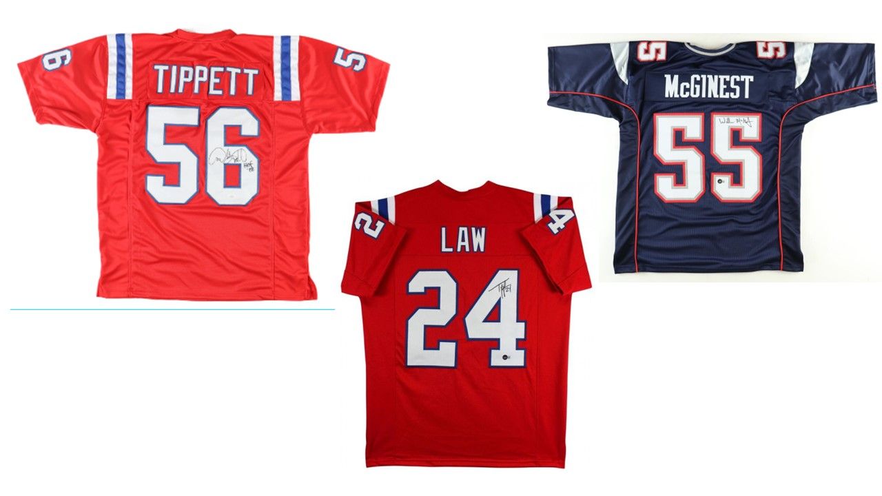 Ty Law Signed New England Patriots Jersey (Beckett), Willie McGinest Signed New England Patriots Jersey (Beckett), & Andre Tippett Signed New England Patriots Jersey Inscribed "HOF 08" (JSA)