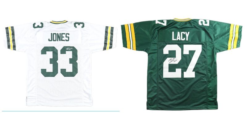 Aaron Jones Signed Green Bay Packers Jersey (OKAuthentics) & Eddie Lacy Signed Green Bay Packers Jersey (JSA) Aaron Jones Signed Green Bay Packers Jersey (OKAuthentics) & Eddie Lacy Signed Green Bay Packers Jersey (JSA)