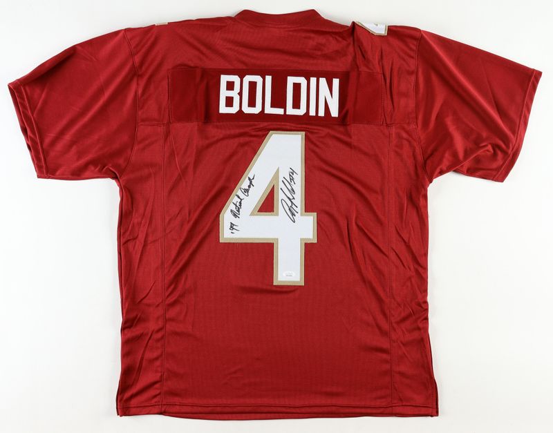 Anquan Boldin Signed Florida State Seminoles Jersey Inscribed Anquan Boldin Signed Florida State Seminoles Jersey Inscribed "'99 National Champs" (JSA)