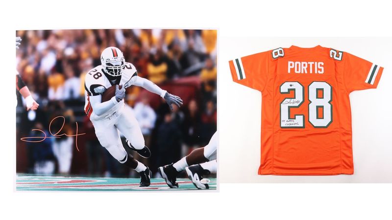 Clinton Portis Signed Miami Hurricanes Jersey Inscribed Clinton Portis Signed Miami Hurricanes Jersey Inscribed "01 NATL Champs" (Beckett) & Clinton Portis Signed Miami Hurricanes 16x20 Photo (JSA)