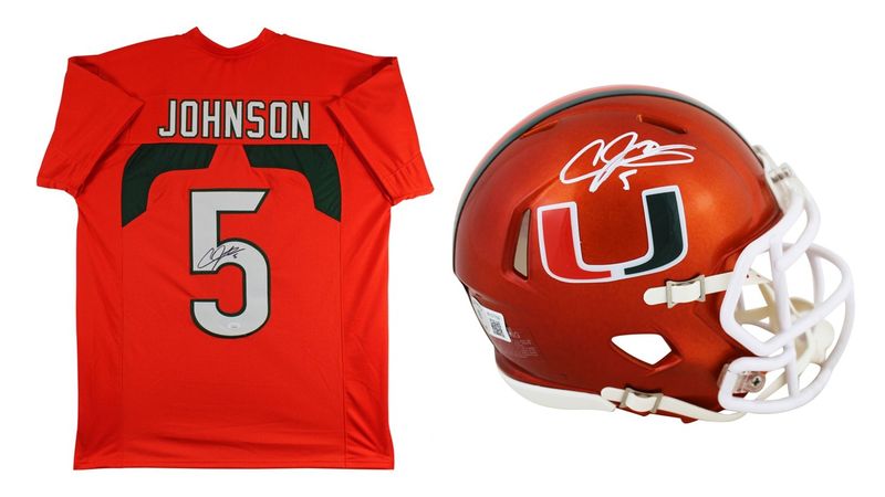 Andre Johnson Signed Miami Hurricanes Jersey (JSA) & Andre Johnson Signed Miami Hurricanes Flash Alternate Speed Mini Helmet (Beckett) Andre Johnson Signed Miami Hurricanes Jersey (JSA) & Andre Johnson Signed Miami Hurricanes Flash Alternate Speed Mini Helmet (Beckett)