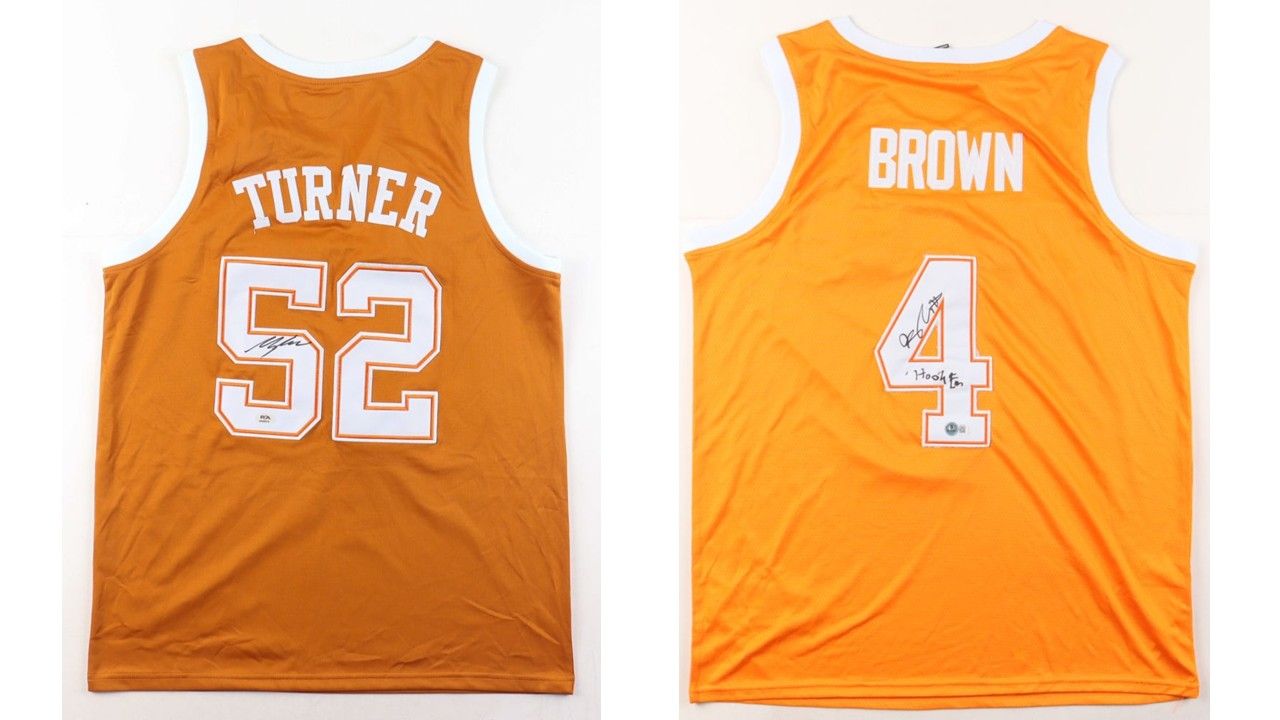 Myles Turner Signed Nike Texas Longhorns Jersey (PSA) & Greg Brown III Signed Texas Longhorns Jersey Myles Turner Signed Nike Texas Longhorns Jersey (PSA) & Greg Brown III Signed Texas Longhorns Jersey "Hook Em" (Beckett)