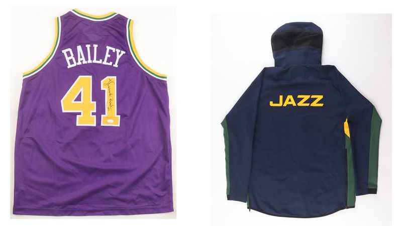 Thurl Bailey Signed Utah Jazz Jersey (JSA) & Utah Jazz Team-Issued Game-Used Warm-Up Jacket (Fanatics) Thurl Bailey Signed Utah Jazz Jersey (JSA) & Utah Jazz Team-Issued Game-Used Warm-Up Jacket (Fanatics)