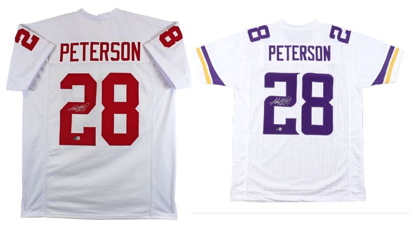 Adrian Peterson Oklahoma Sooners Signed Jersey (Beckett) & Adrian Peterson Signed Minnesota Vikings Jersey (Beckett) Adrian Peterson Oklahoma Sooners Signed Jersey (Beckett) & Adrian Peterson Signed Minnesota Vikings Jersey (Beckett)