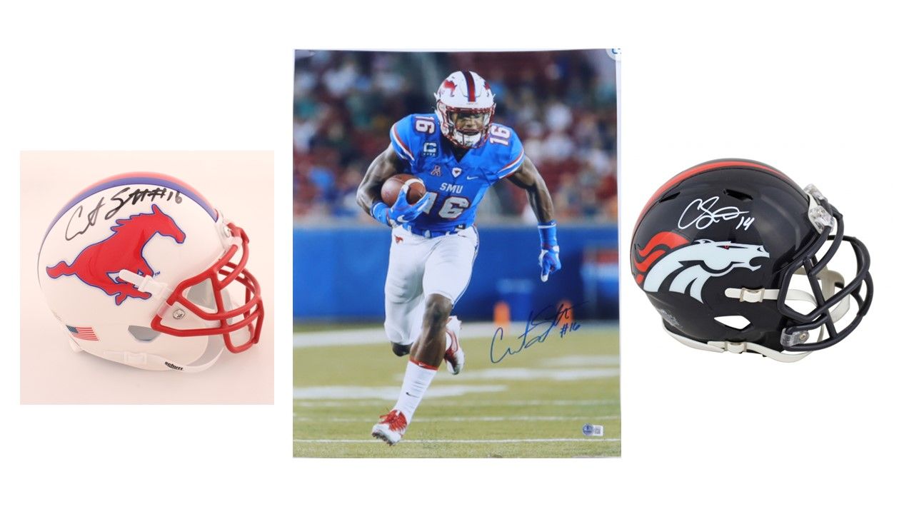 Courtland Sutton Signed SMU Mustangs 16x20 Photo (Beckett), Courtland Sutton Signed Denver Broncos Speed Mini Helmet (JSA), & Courtland Sutton Signed SMU Mustangs Mini Helmet (Beckett)