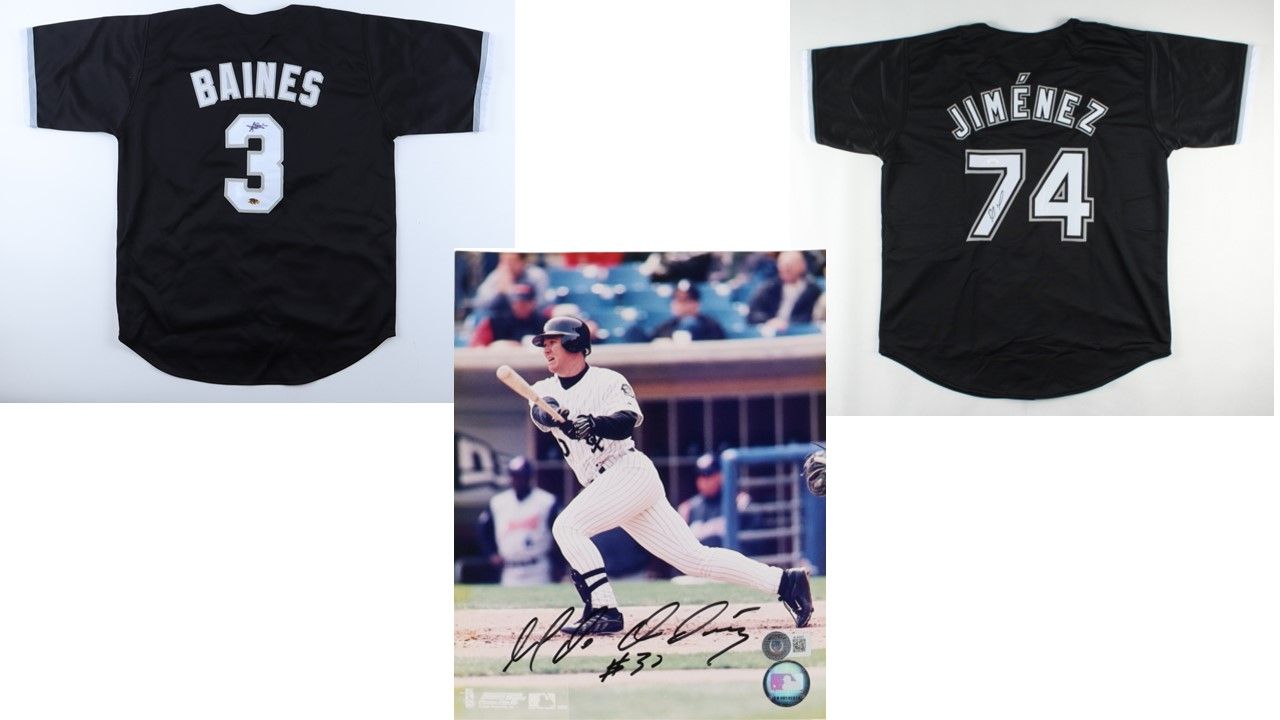 Harold Baines Signed Chicago White Sox Jersey (MAB), Eloy Jimenez Signed Chicago White Sox Jersey (JSA), & Magglio Ordonez Signed Chicago White Sox 8x10 Photo (Beckett)