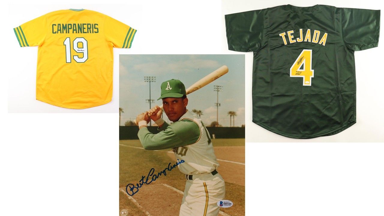 Miguel Tejada Signed Jersey Inscribed "2002 MVP" (JSA), Bert Campaneris Signed Oakland Athletics Jersey (JSA) & Bert Campaneris Signed Oakland Athletics 8x10 Photo (Beckett)