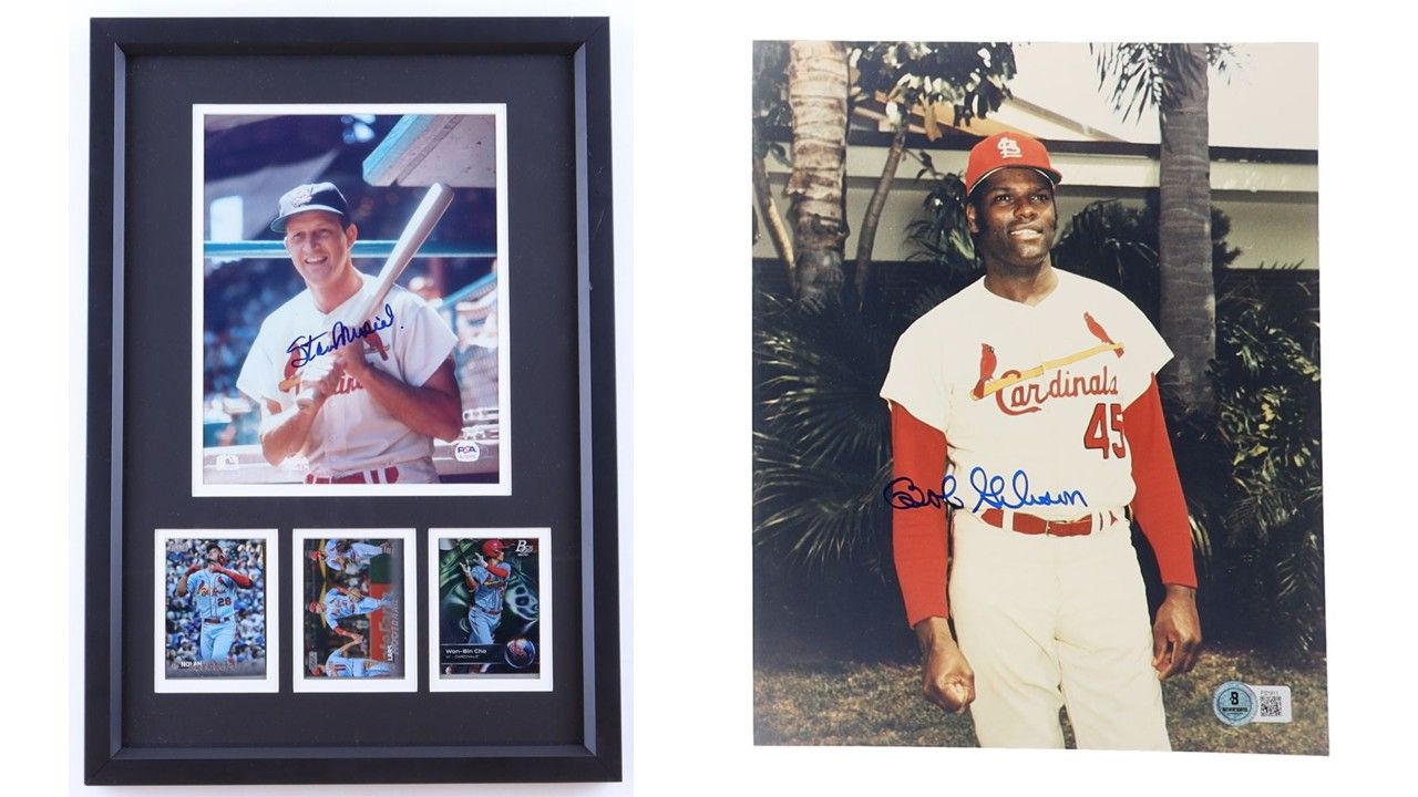 Stan Musial Signed St Louis Cardinals Custom Framed Photo Display With (3) Nolan Arenado, Lars Nootbaar & Won-Bin Cho Trading Cards (PSA) & Bob Gibson Signed St Louis Cardinals 8x10 Photo (Beckett)