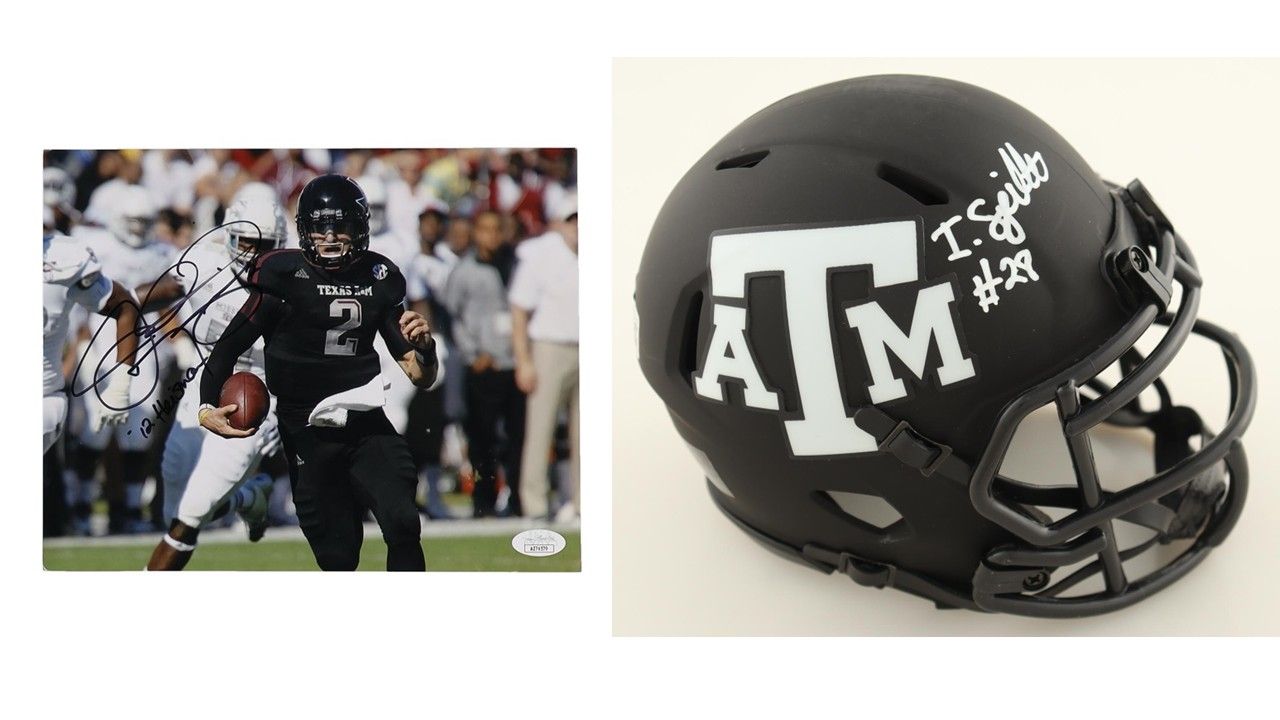 Johnny Manziel Signed Texas A&M Aggies 8x10 Photo Inscribed "'12 Heisman" (JSA) & Isaiah Spiller Signed Texas A&M Aggies Eclipse Alternate Speed Mini Helmet (Beckett)
