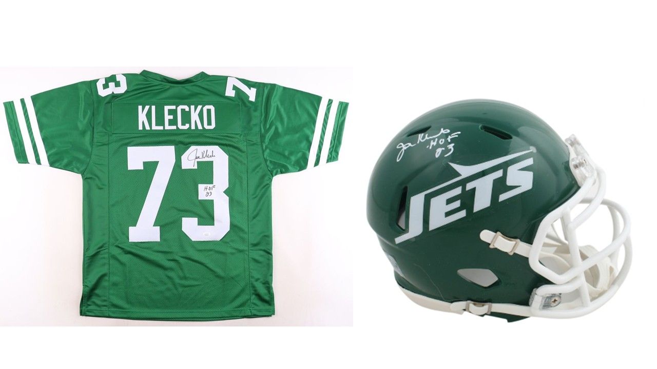 Joe Klecko Signed New York Jets Jersey Inscribed "HOF 23" (JSA) & Joe Klecko Signed New York Jets Speed Mini Helmet Inscribed "HOF 23" (JSA)