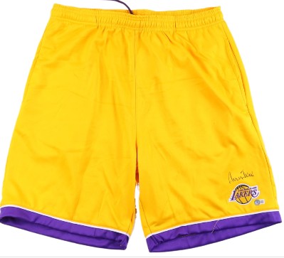 Jerry West Signed Los Angeles Lakers Shorts (Beckett) & Elgin Baylor Signed Los Angeles Lakers Custom Framed Photo Inscribed