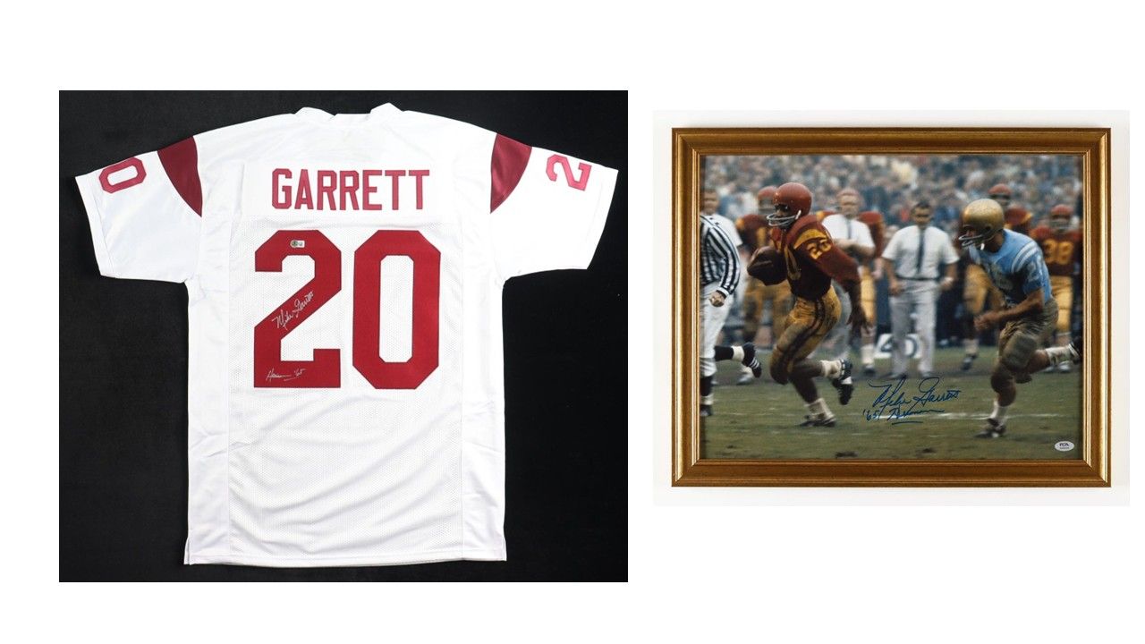 Mike Garrett Signed USC Trojans Jersey Inscribed "Heisman 65" (Beckett) & Custom Framed Photo Display Inscribed "'65 Heisman" (PSA)