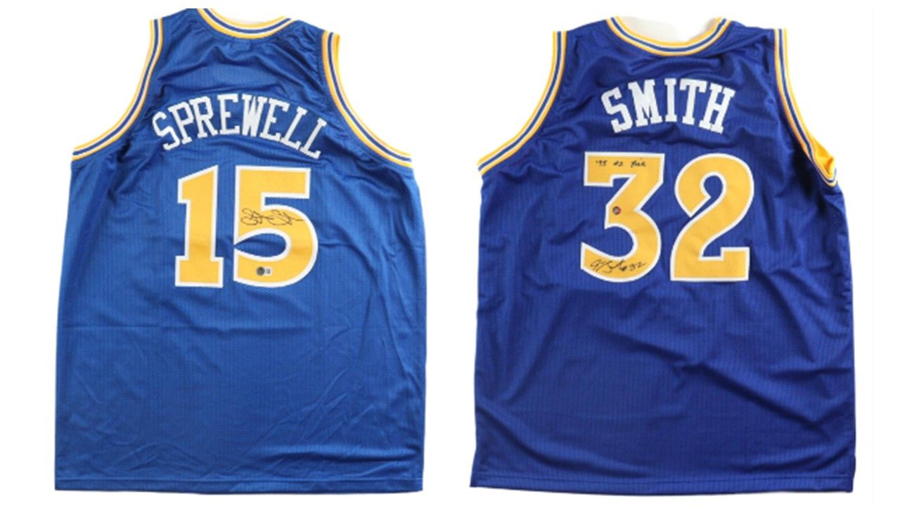 Latrell Sprewell Signed Golden State Warriors Jersey (Beckett) & Joe Smith Signed Golden State Warriors Jersey Inscribed Latrell Sprewell Signed Golden State Warriors Jersey (Beckett) & Joe Smith Signed Golden State Warriors Jersey Inscribed "'95 #1 Pick" (All World Memorabilia)