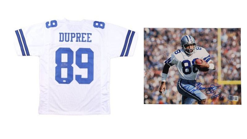 Drew Pearson Signed Dallas Cowboys 8x10 Photo Inscribed Drew Pearson Signed Dallas Cowboys 8x10 Photo Inscribed "HOF 21" (Beckett) & Billy Joe DuPree Signed Dallas Cowboys Jersey (JSA)