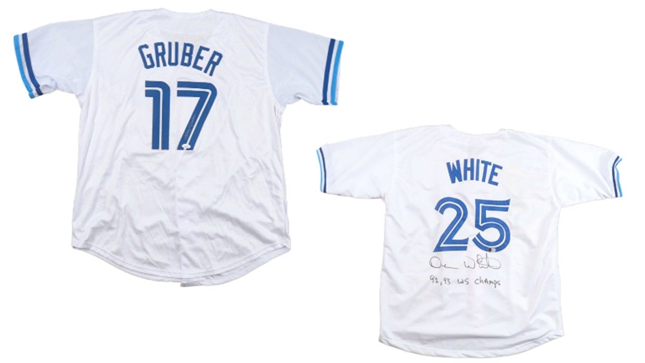 Kelly Gruber Signed Toronto Blue Jays Jersey (JSA) & Devon White Signed Toronto Blue Jays Jersey Inscribed Kelly Gruber Signed Toronto Blue Jays Jersey (JSA) & Devon White Signed Toronto Blue Jays Jersey Inscribed "92, 93 WS Champs" (Beckett)