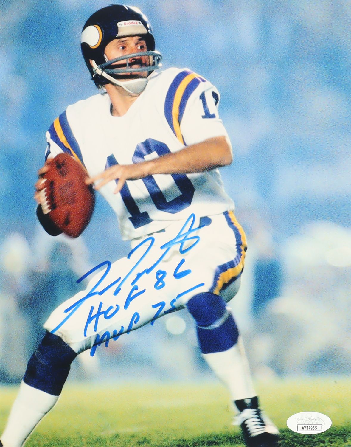 Fran Tarkenton Signed Minnesota Vikings 8x10 Photo Inscribed "HOF 86" & "MVP 75" (JSA)