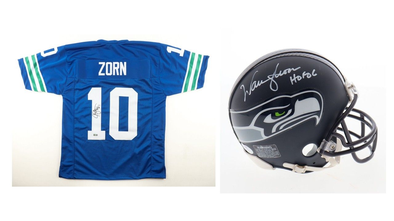 Jim Zorn Signed Seattle Seahawks Jersey (GTA) & Warren Moon Signed Seattle Seahawks Speed Mini Helmet Inscribed "HOF 06" (PSA)