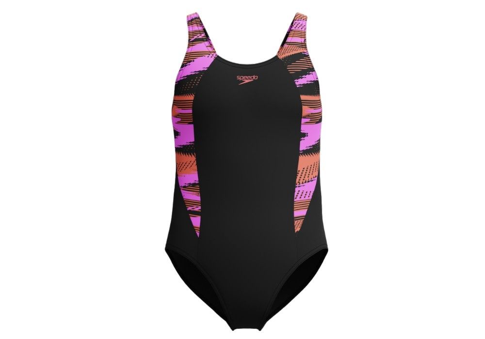 Speedo Girl&#39;s HyperBoom Splice Muscleback Swimsuit, Colour: Black/Pink, Size: Age 5-6