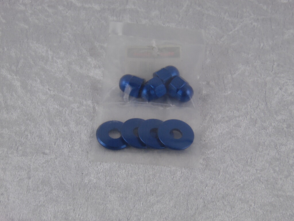 Hutmuttern Set mit U-Scheiben für Federbeine in Alu blau