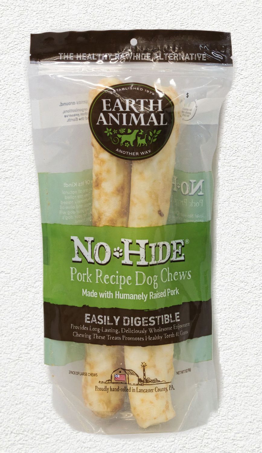 Earth Animal No-Hide Pork Chews large 2pk 7oz. Earth Animal No-Hide Pork Chews large 2pk 7oz.
