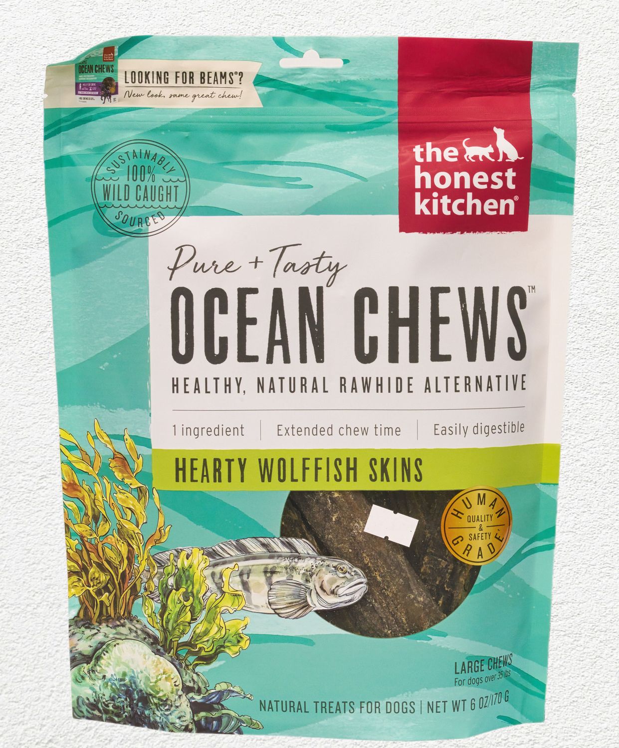 Honest Kitchen Ocean Chews Hearty Wolffish Skins Dog Treats, 6 oz (Beams) Honest Kitchen Ocean Chews Hearty Wolffish Skins Dog Treats, 6 oz (Beams)