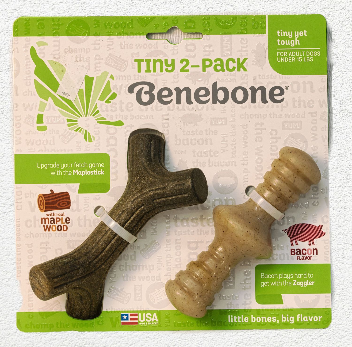 Benebone Tiny 2-Pack Dog Chew Toys - Maple Stick & Zaggler (Bacon)