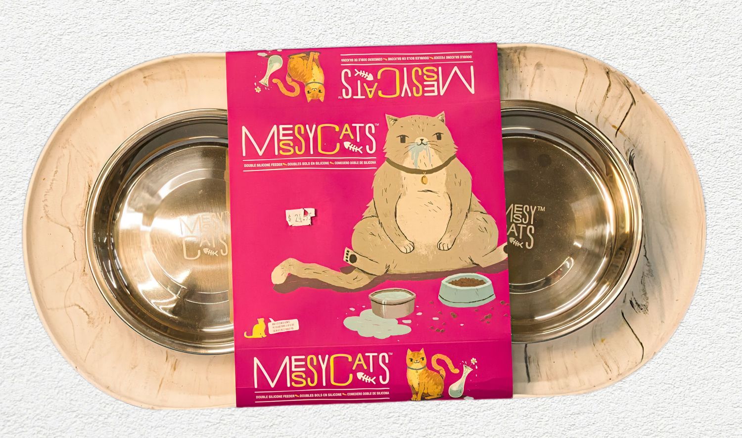 Messy Cats Double Silicone Feeder with Stainless Steel Bowls, Large Messy Cats Double Silicone Feeder with Stainless Steel Bowls, Large