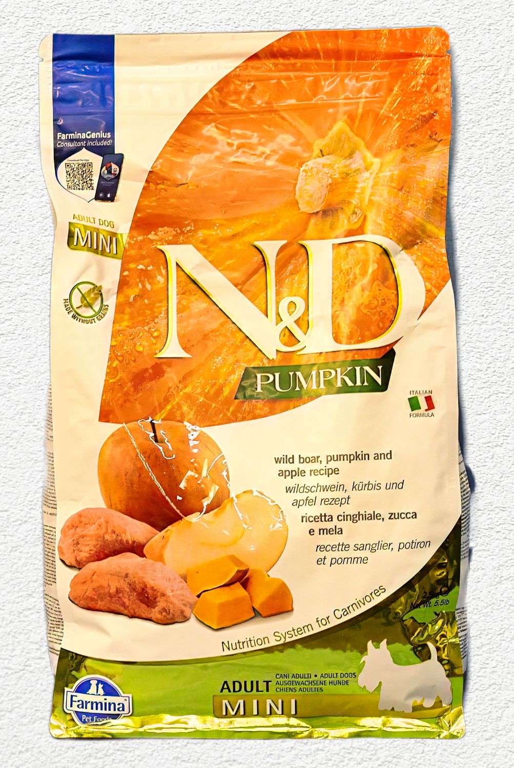 Farmina N&D Pumpkin Wild Boar & Apple Recipe Adult Mini Kibble Dry Dog Food - 5.5 lbs
