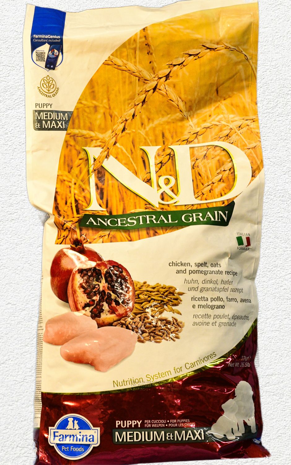 Farmina N&D Ancestral Grain Chicken & Pomegranate Recipe Puppy Medium/Maxi Kibble Dry Dog Food - 26.4 lbs