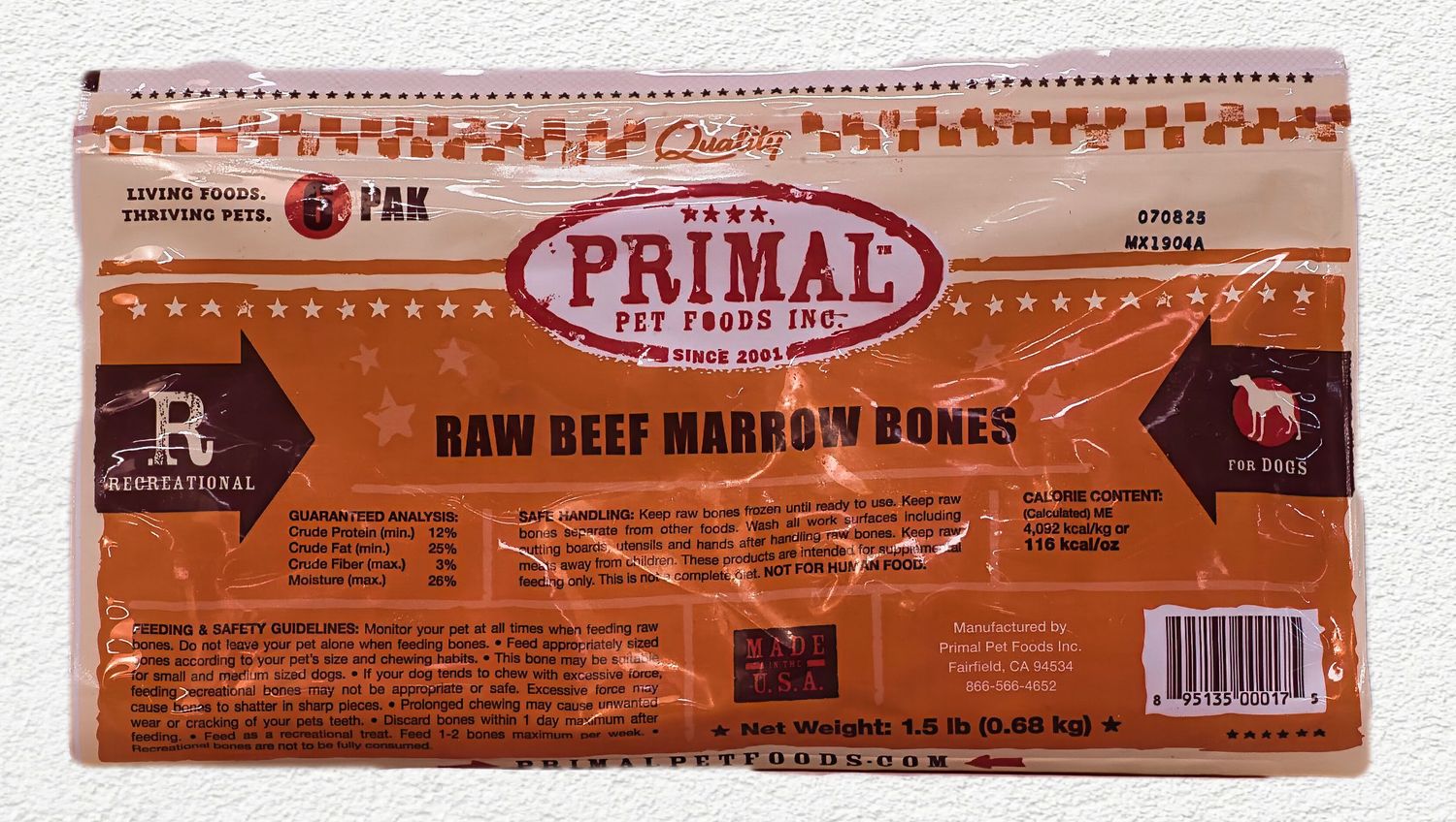 Primal Raw 2" Beef Marrow Bones – 6-Pack