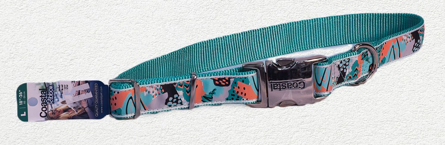 Ribbon Adjustable Dog Collar with Metal Buckle, Teal Sketched Abstract, Large - 1" x 18"-26"