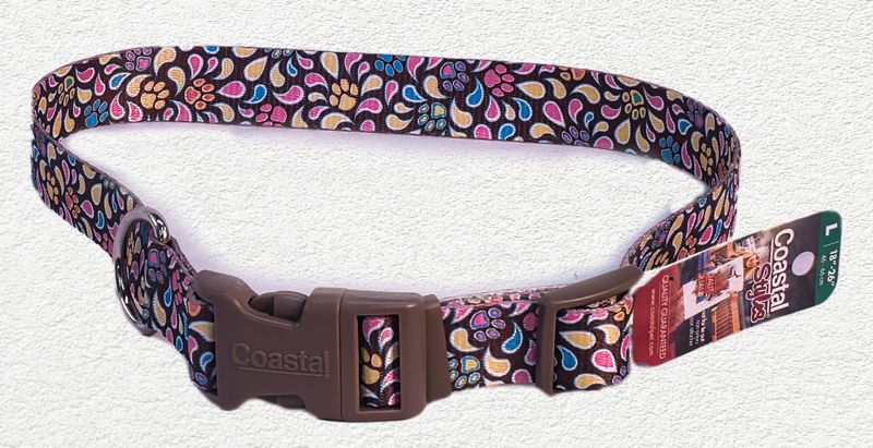 Coastal Styles Adjustable Dog Collar, Special Brown Paw, Large - 1" x 18"-26"