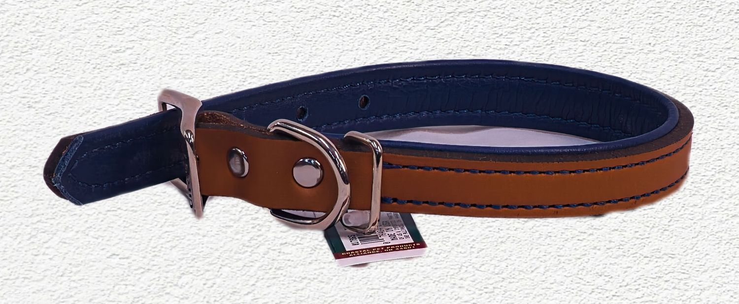 Circle T Layered Fashion Leather Dog Collar, Tan & Navy, Small - 3/4" x 14"