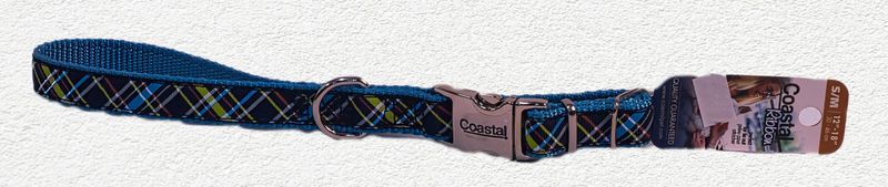 Ribbon Adjustable Dog Collar with Metal Buckle, Navy Blue Plaid, Medium - 5/8" x 12"-18"