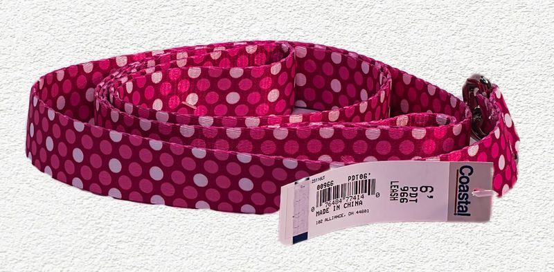 Coastal Styles Dog Leash, Pink Dots, 1" x 6'