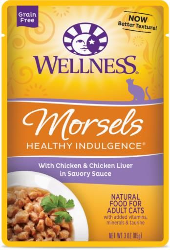 WELLNESS CAT POUCH MORSELS CHICKEN & CHICKEN LIVER IN SAVORY SAUCE 3OZ