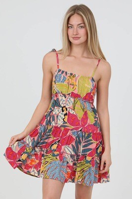 TIE STRAPS TIERED TROPICAL PRINT SHORT SUNDRESS