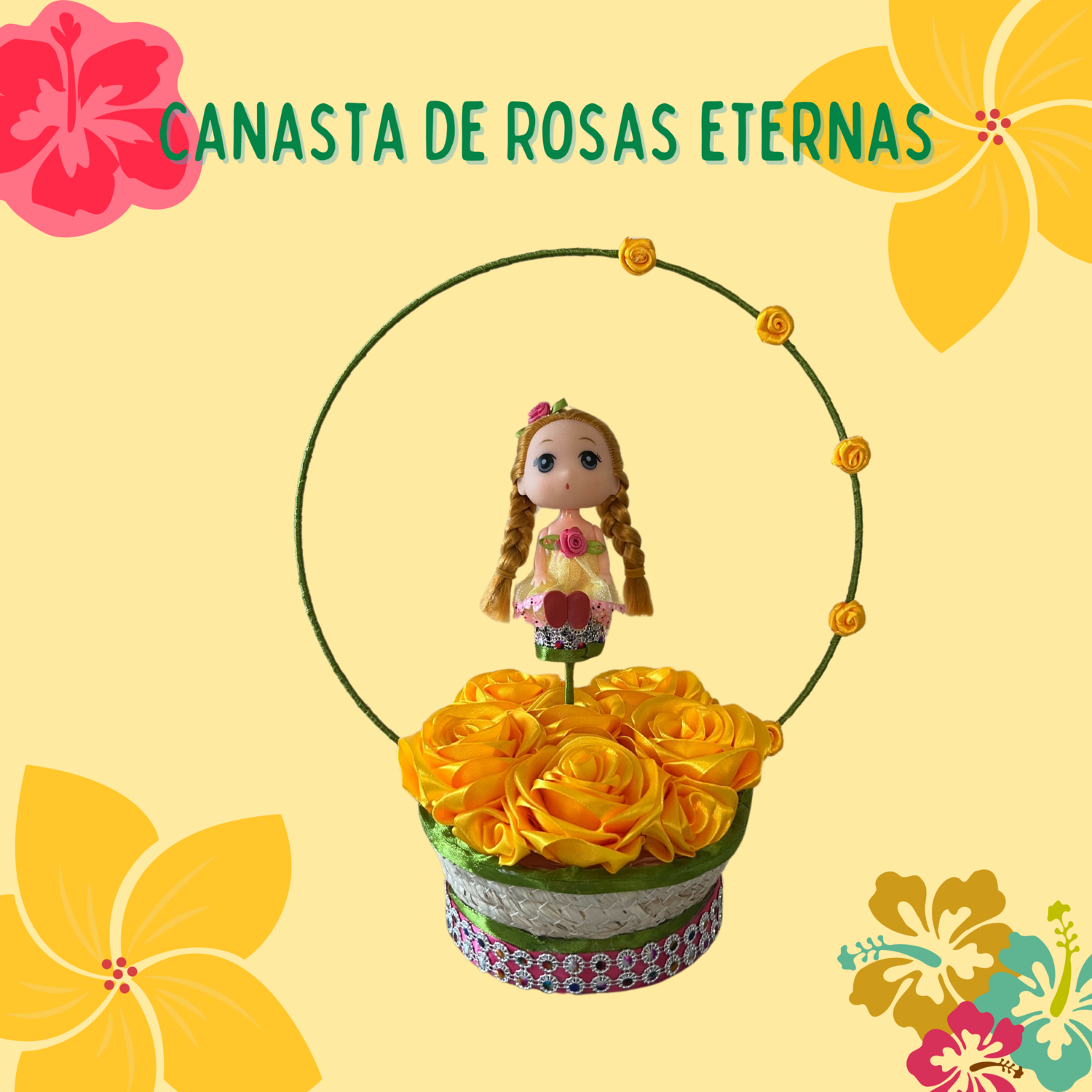 Canasta de Rosas Eternas con muñequita
