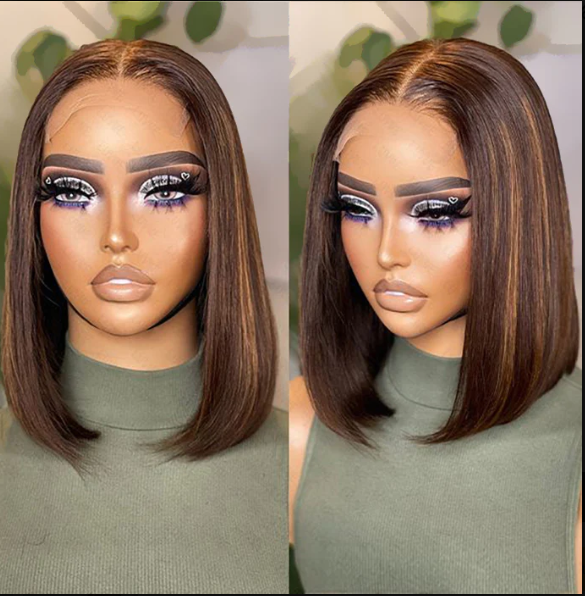12 Inch Chestnut Brown Highlights Straight 4x4 Closure Bob Wig 150% Density