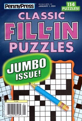 PennyPress Classic Fill-In Puzzles January 2024 from Puzzle Book Store - Penny Press Fill-Ins Puzzle Books includes a variety of publications such as Dell Penny Press, Express, Famous, Pocket, and Jumbo.