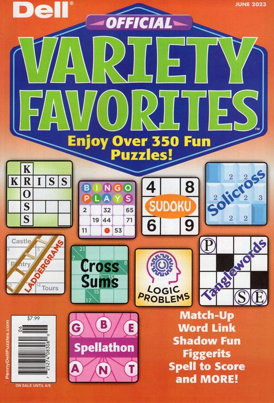 Dell Official Variety Favorites June 2023 - All your favorites are here: Anacrostics, Cryptoquizzes, Sudoku, Solicrosses, Collectibles, Petal Puzzles, and Tanglewords, plus too many more to mention. Truly something for everyone in this variety-puzzle bonanza! Full size, 130 pages.