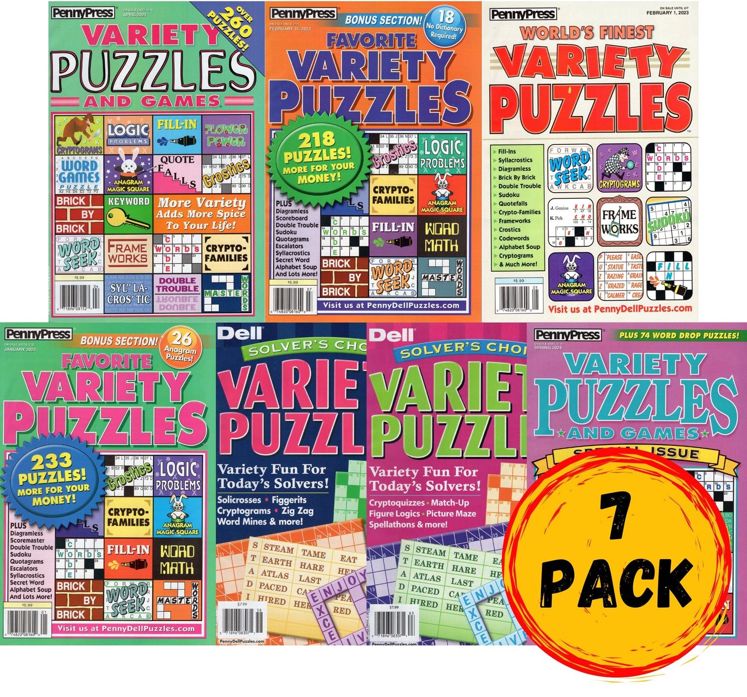 PennyPress Variety Puzzles wholesale - Lot of 7 Penny Press Dell Official &amp; Favorite Variety Puzzle Books (UNSORTED)