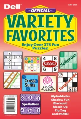 Dell Official Variety Favorites June 2025 - puzzlebookstore.com - featuring Cross Sums, Word Searches, Mazes, Quotation Puzzles, Solicross, Spellathon, Sudoku, Word Mines, Cryptograms, Bowl-a-Score Challengers, Crosscodes, and more