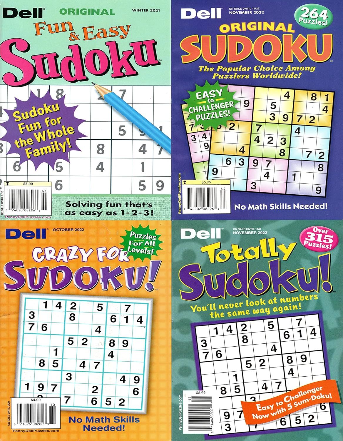 Mixed Lot of 4 Dell Sudoku Books (Fun &amp; Easy, Original, Crazy For, Totally)