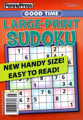 PennyPress Good Time Large-Print Sudoku #16 - The big puzzles in these books are one puzzle to a page. That makes the puzzles much easier to see and work with compared to most puzzle books. A very large-print puzzle is ideal for seniors or anyone with vision issues.