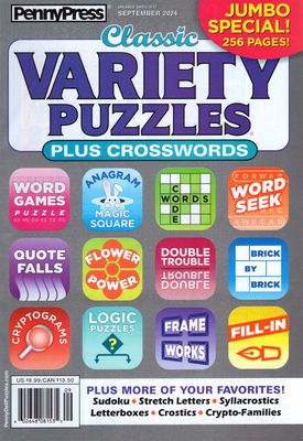 PennyPress Classic Variety Puzzles Plus Crosswords September 2024 - with puzzles ranging from Crostics, Frameworks, Cryptograms, Brick by Brick, math and scoring puzzles, to Places, Please, Anagrams, Codewords, Crosswords at each difficulty level, Diagramless Crosswords, and more!
