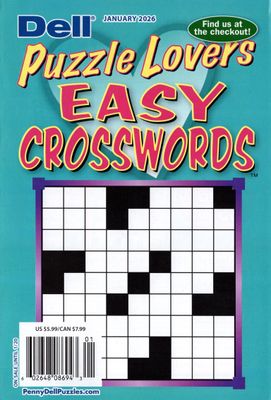 Front cover of Dell Puzzle Lovers Easy Crosswords book featuring a colorful, inviting 115 beginner-friendly puzzles
